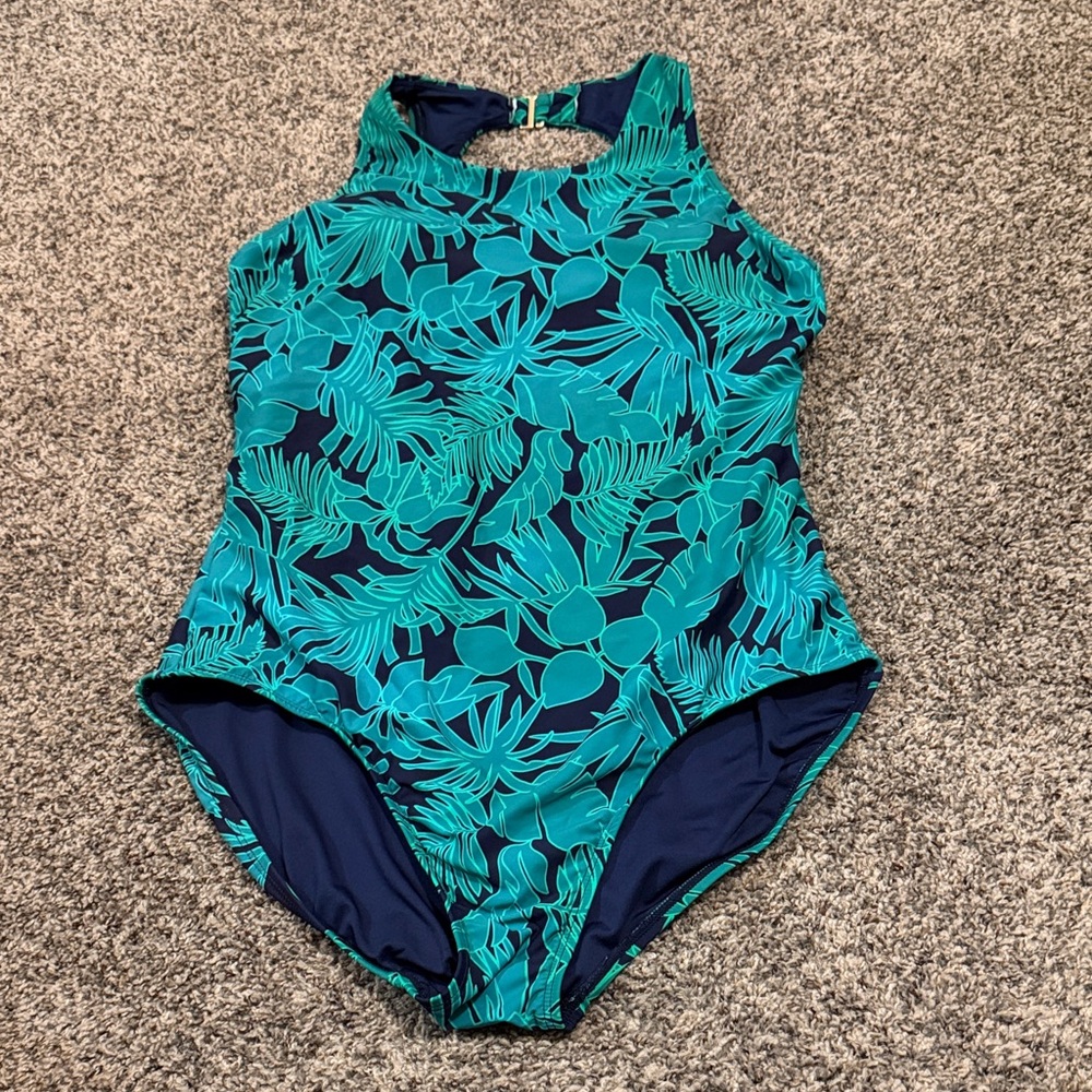 Lands' End Teal and Navy Tropical Print One-Piece Swimsuit Size XL